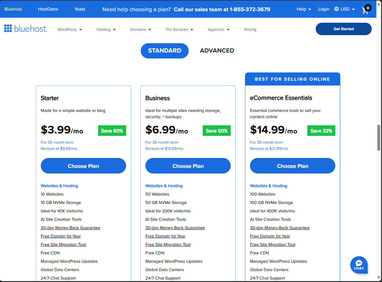Sign up for an account - Bluehost Standard hosting plans
