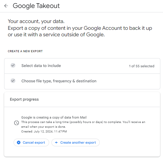 Bluehost Manage your Google Workspace Monitor the export progress