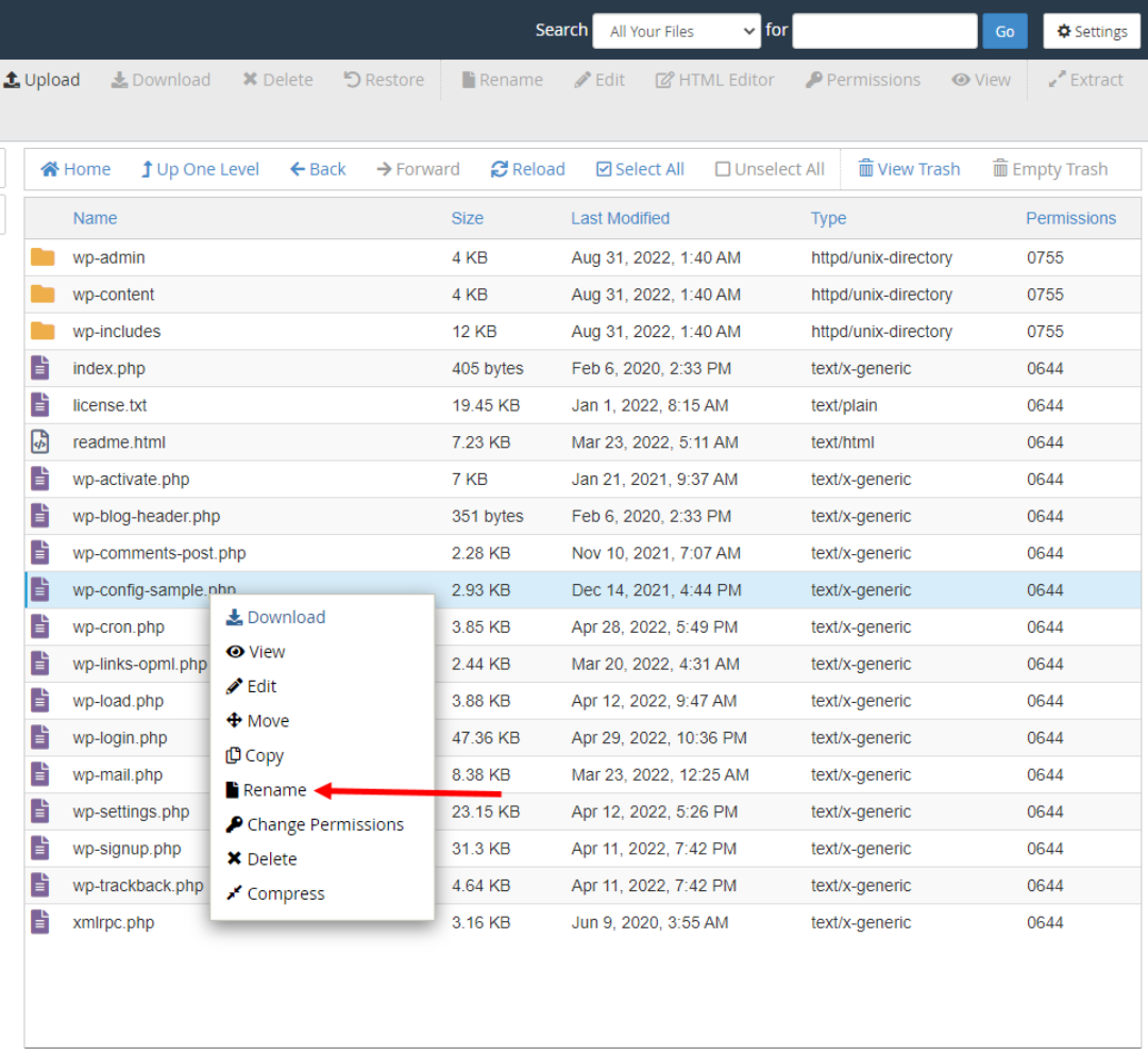 mysqldatabases filemanager rename wp config sample php database
