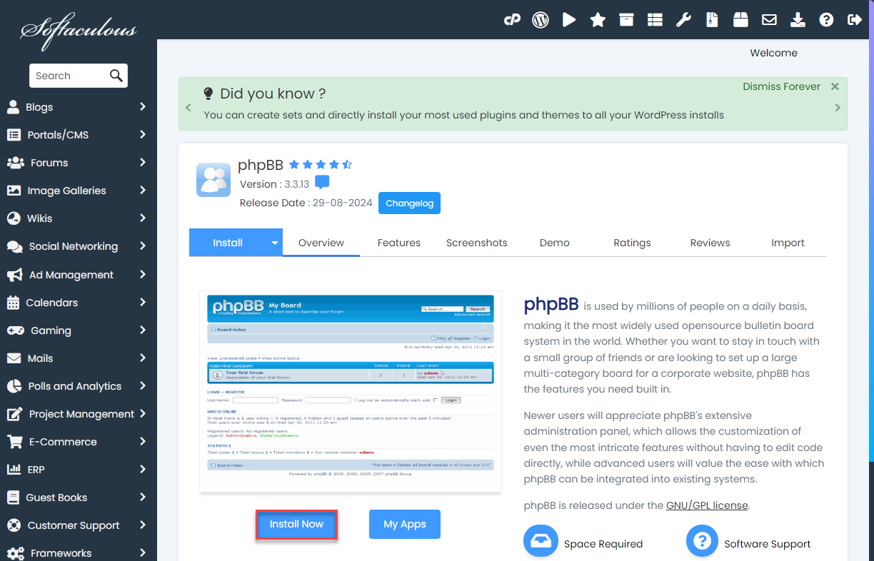 Bluehost cPanel Scripts phpBB Install Now