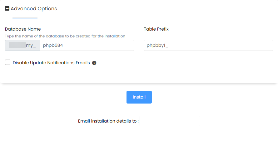 Bluehost cPanel Scripts phpBB Install Now - Advance Options