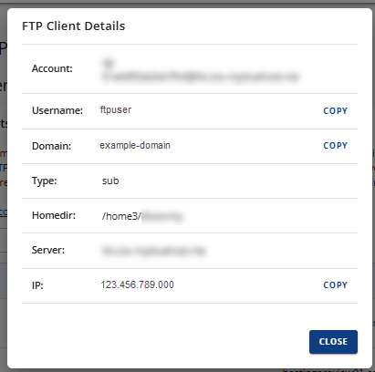 FTP Management panel - FTP details
