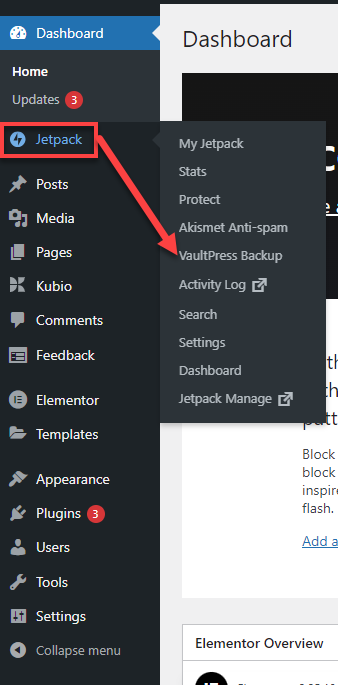Bluehost WordPress 仪表板 - Jetpack VaultPress 备份