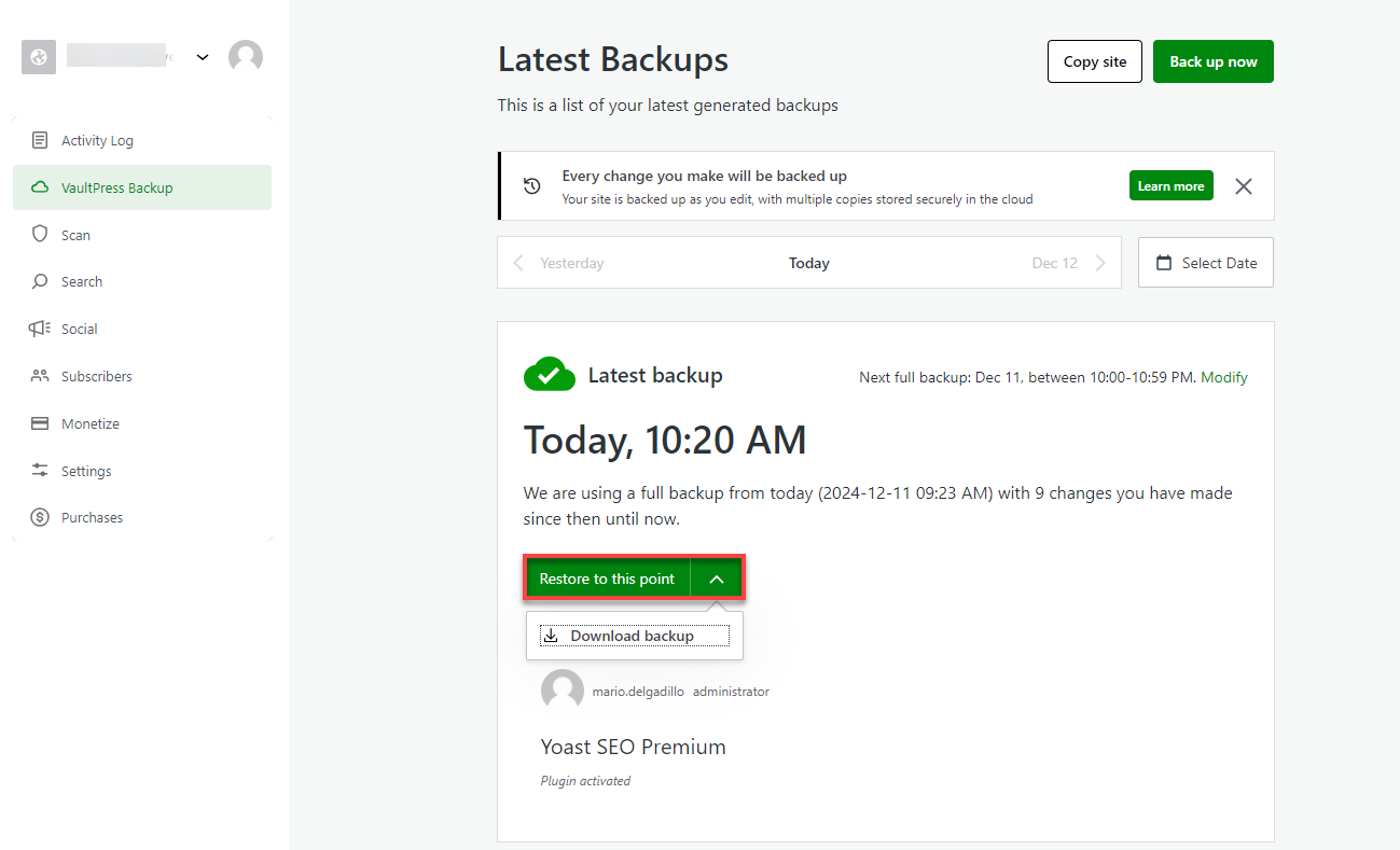 Bluehost WordPress 仪表板 - Jetpack 备份恢复到此点选项
