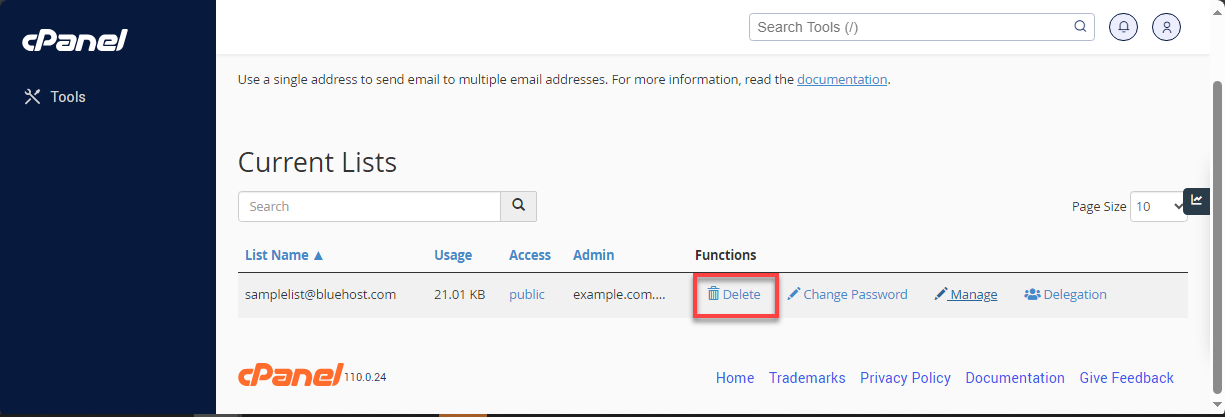 Bluehost cPanel - Mailing List Delete
