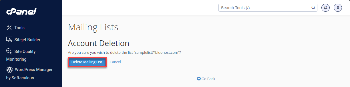 Bluehost cPanel - Mailing List Delete Confirmation