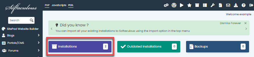 Bluehost in cPanel Softaculous Installations box to view current installed