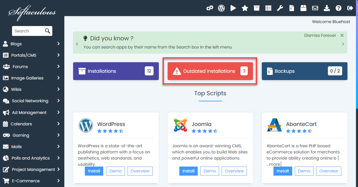 Softaculous 过时的脚本安装