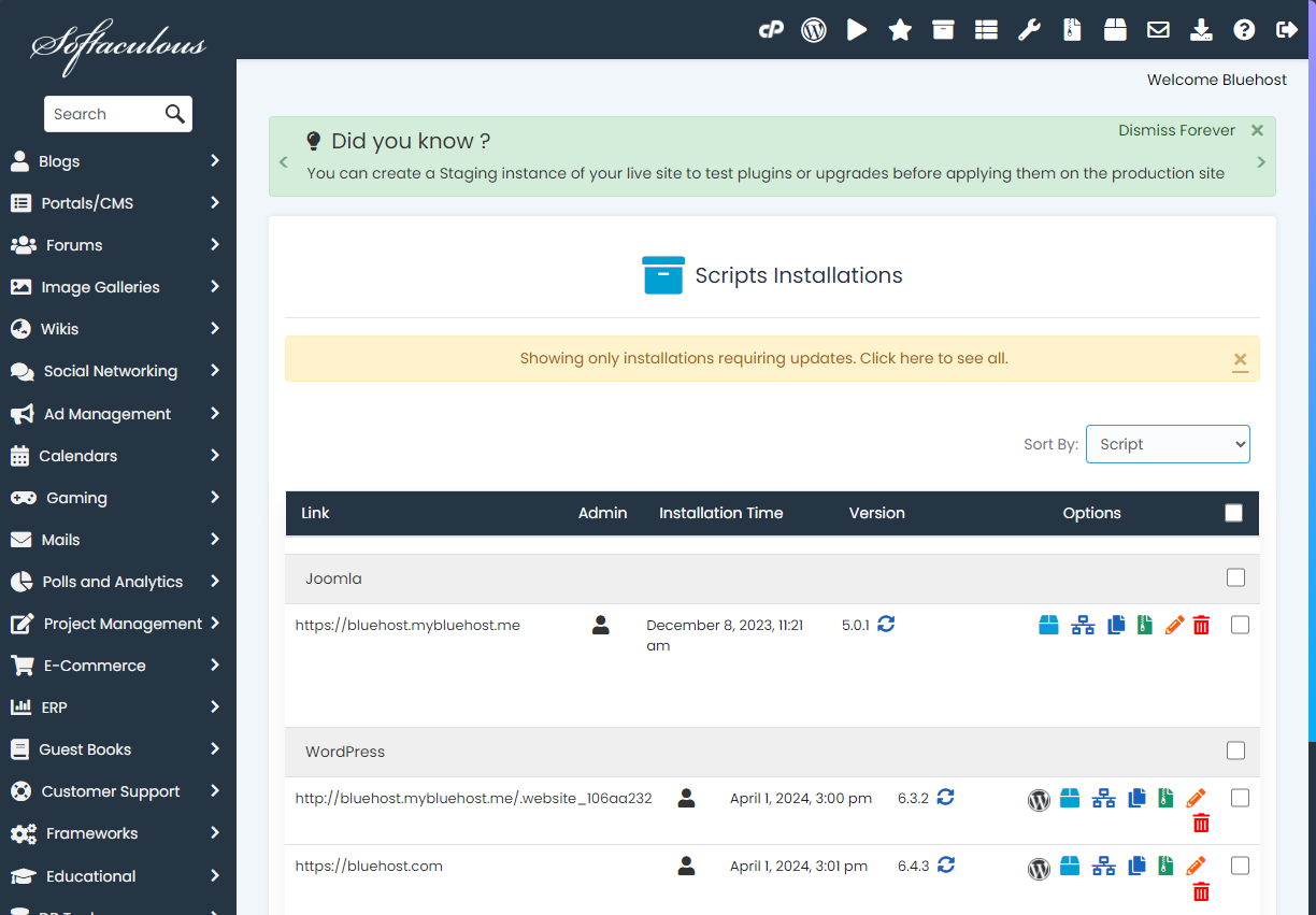 Softaculous 过时的脚本安装列表