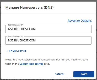 更新名称服务器 - 输入您的 Bluehost 名称服务器