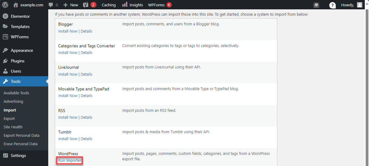 Migrate WordPress - Import to Bluehost Run Importer