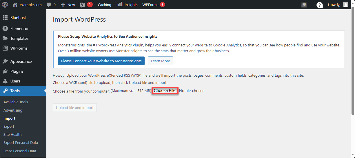 Migrate WordPress - Import to Bluehost Choose File