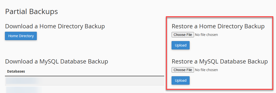 cpanel section backups section partial backups options restore a mysql database backup or restore a home directory backup