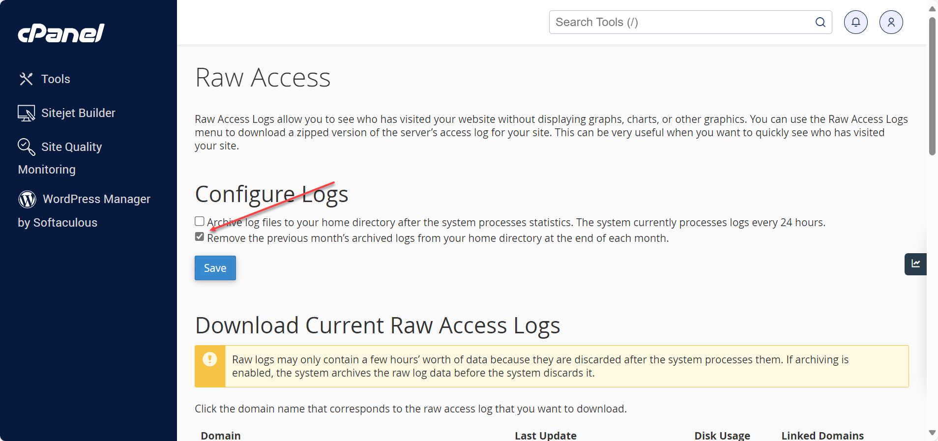Remove the previous month’s archived logs from your home directory at the end of the month checkbox