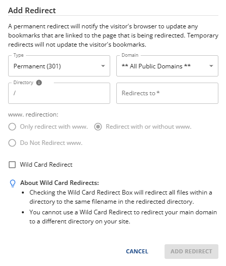 Redirect a Domain - Add Redirect pop-up