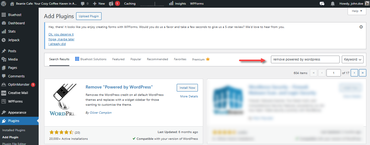 搜索“移除‘Powered by WordPress’”插件