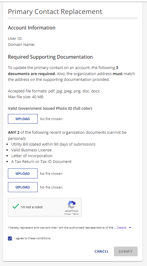 Primary Contact Replacement Required Supporting Documentation section
