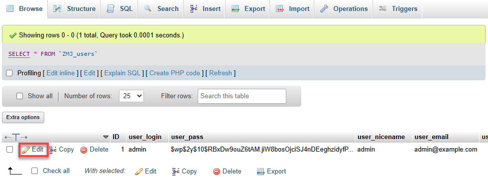 phpMyAdmin 选择数据库 - 编辑图标