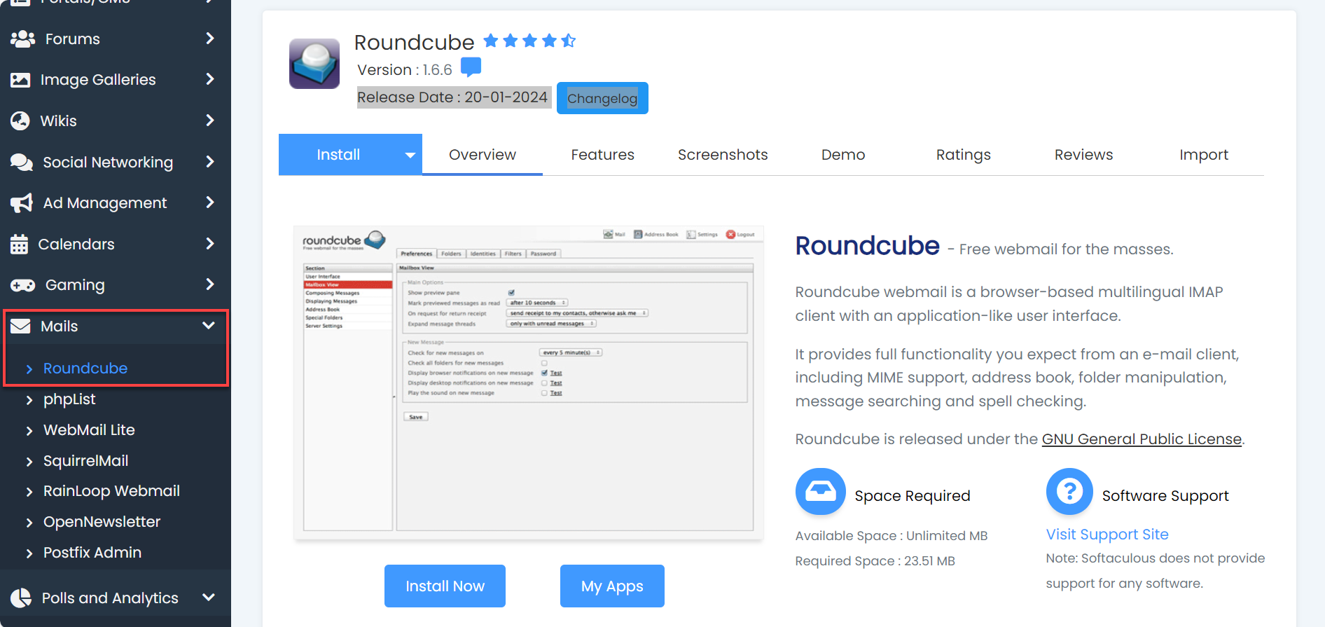 Mail drop-down and RoundCube option