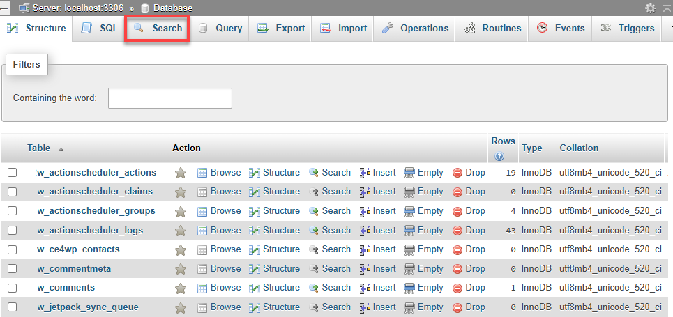 Bluehost phpMyAdmin Search tab