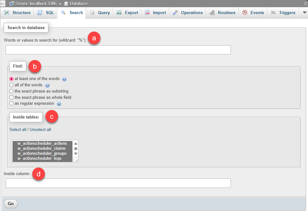Bluehost phpMyAdmin Search Keywords