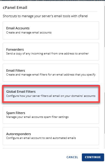 cPanel Email tab - Global Email Filters