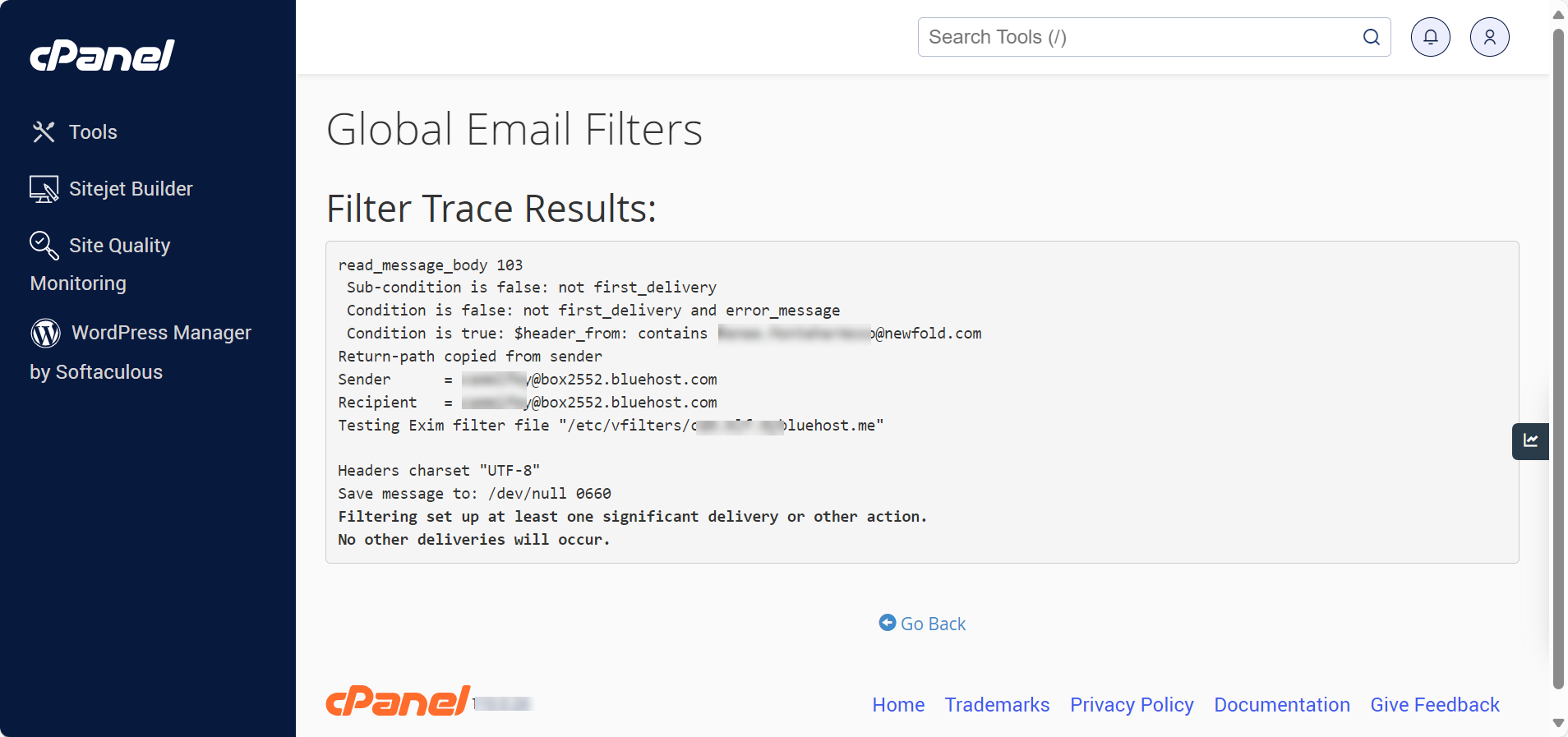 Global Email Filters - Filter Trace Results