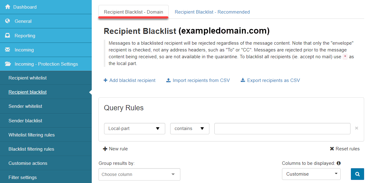 Recipient Blacklist - Domain tab and its settings