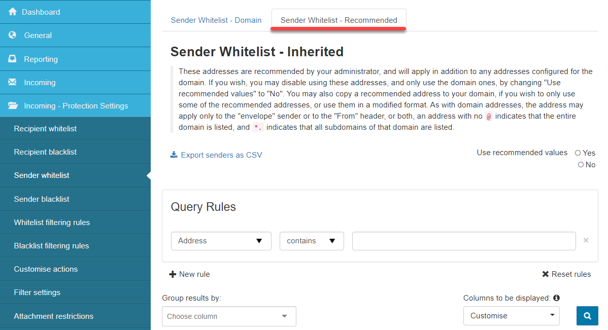 Sender Whitelist - Recommended tab and its settings