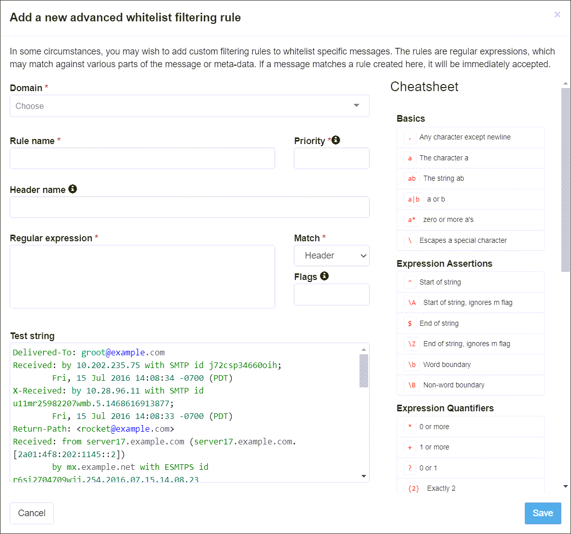 Fields to enter Domain, Rule Name, Regular expression, Priority, and Match