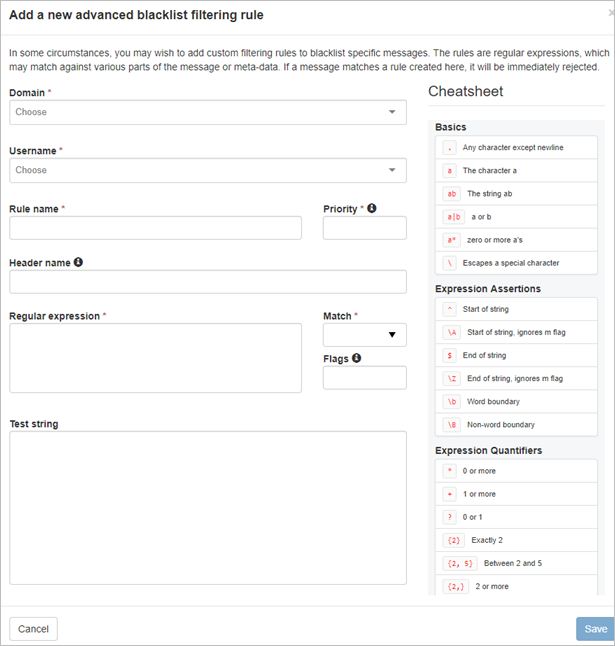 Fields to enter Domain, Username, Rule name, Regular expression, Priority, and Match