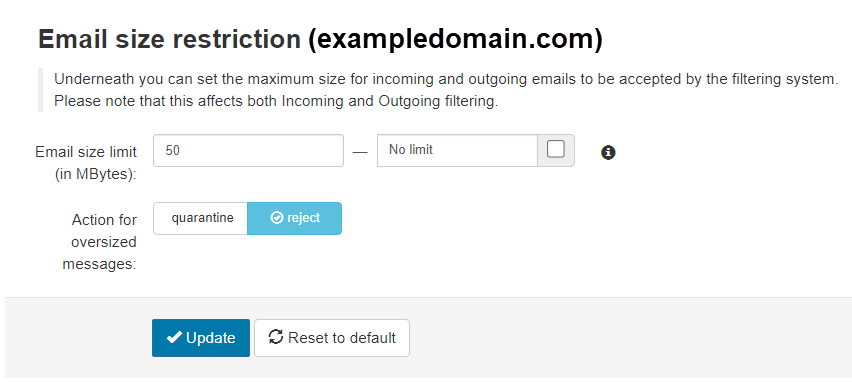 Email size restriction settings