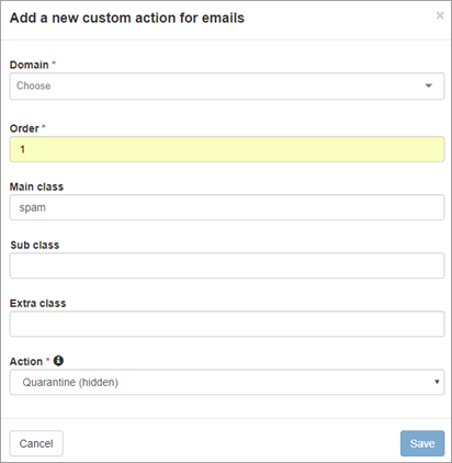 Fields to choose domain, enter order, class, and Action
