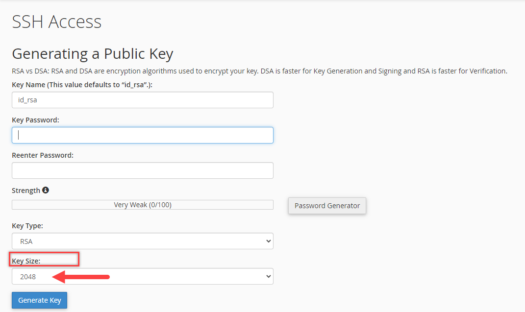 Manage SSH Keys - Key size