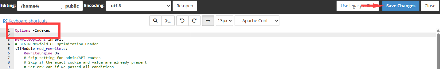 BH cPanel - .htaccess - 编辑选项索引 - 保存
