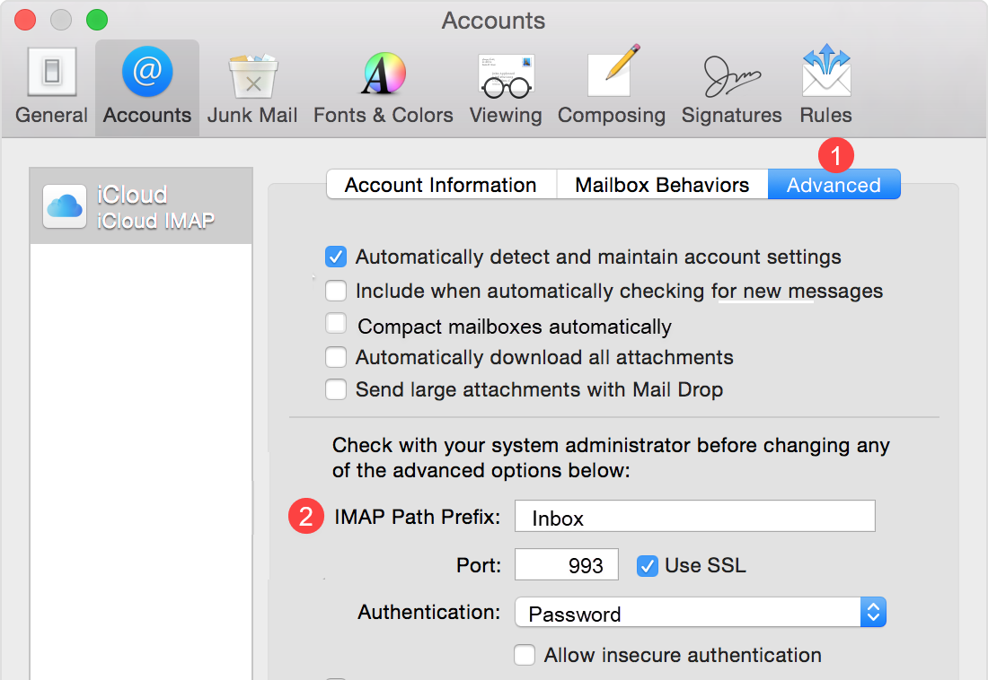 Advanced tab and Inbox entered in IMAP Path Prefix field