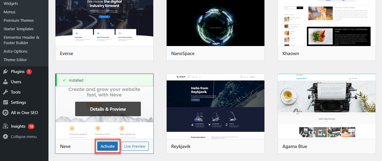 激活已安装主题