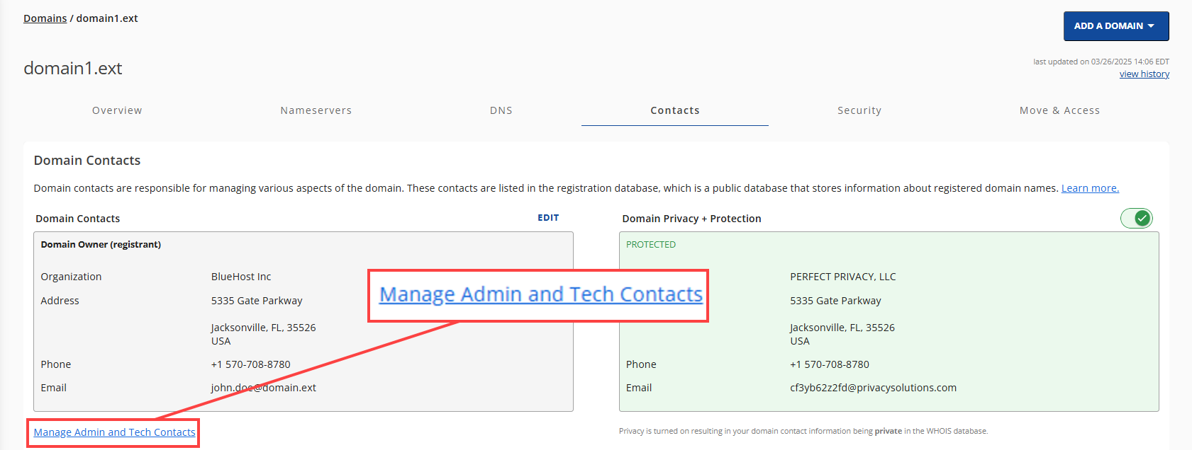 Domains Contacts Manage Admin and Tech Contacts link
