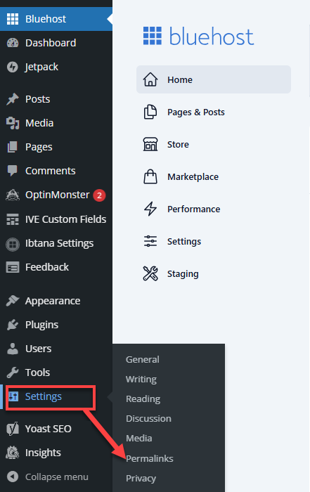 Bluehost WordPress 仪表板设置永久链接