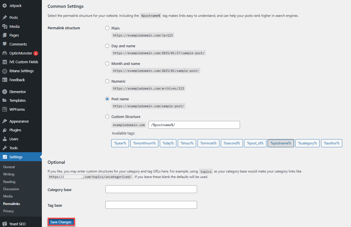 Bluehost WordPress 仪表板设置永久链接保存更改