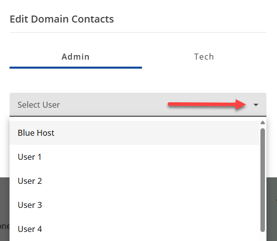 Bluehost Account Manager Domains Tab - Contacts Subtab - Edit User Dropdown