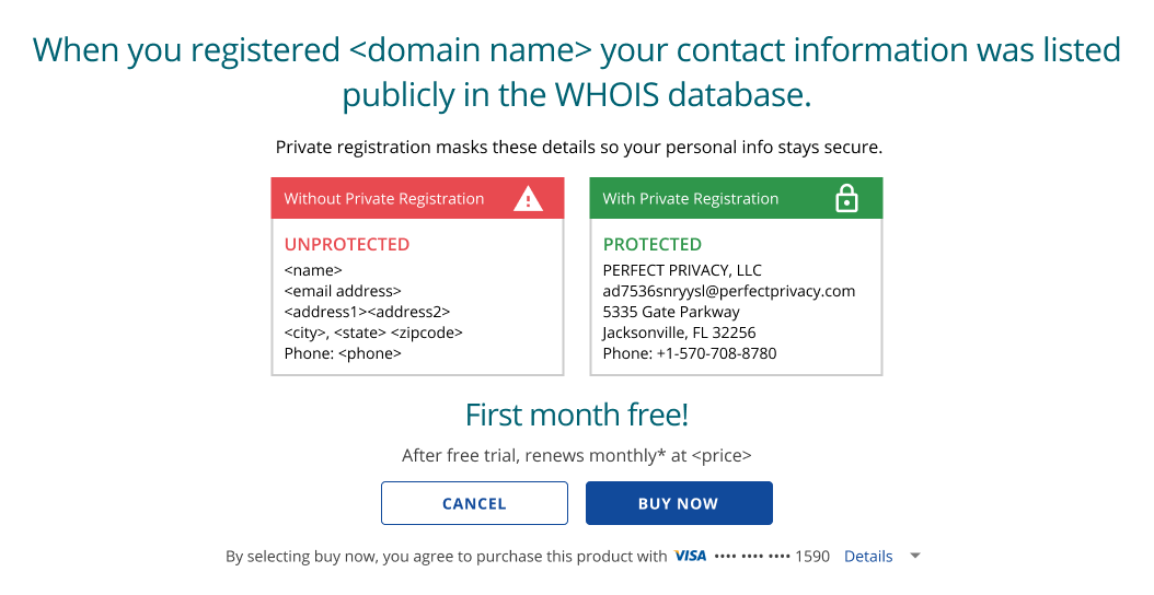 Bluehost Account Manager Domains Tab - Contacts Subtab - Purchase Domain Privacy