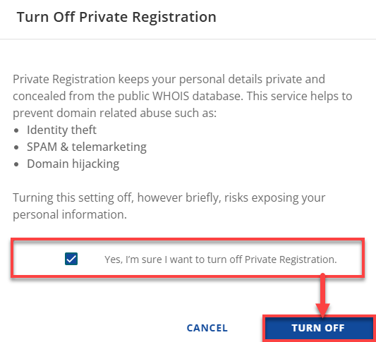 Bluehost Account Manager Domains Tab - Contacts Subtab - Turn Off Disclaimer Domain Privacy
