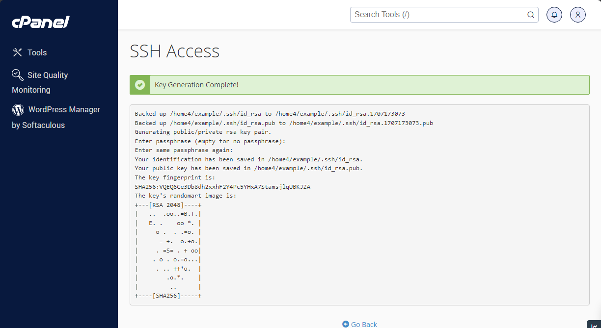 Bluehost cPanel SSH Access Generate Keys Result
