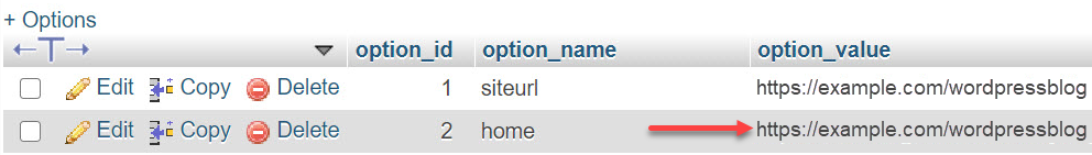 phpMyAdmin - option_value 列 - homeurl 行