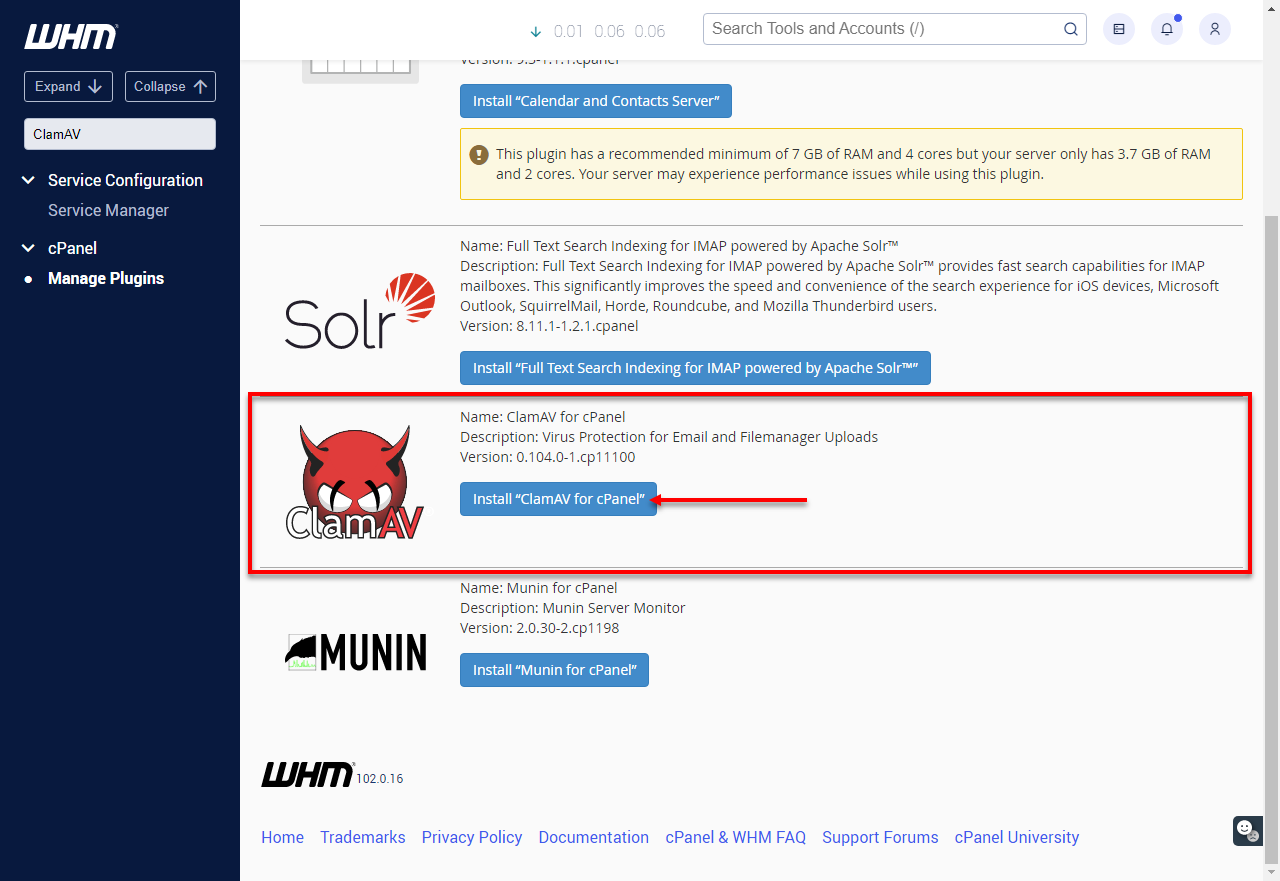 WHM ClamAV Install ClamAV for cPanel