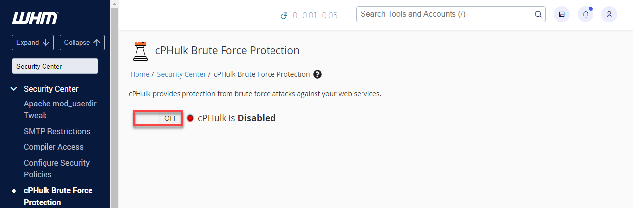 WHM Search Security Center Enable cPHulk