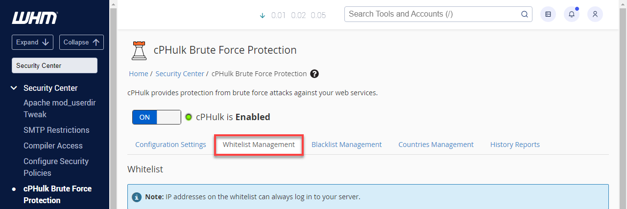 WHM Whitelist Management tab