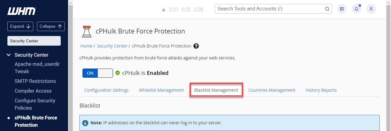 WHM Black Management tab
