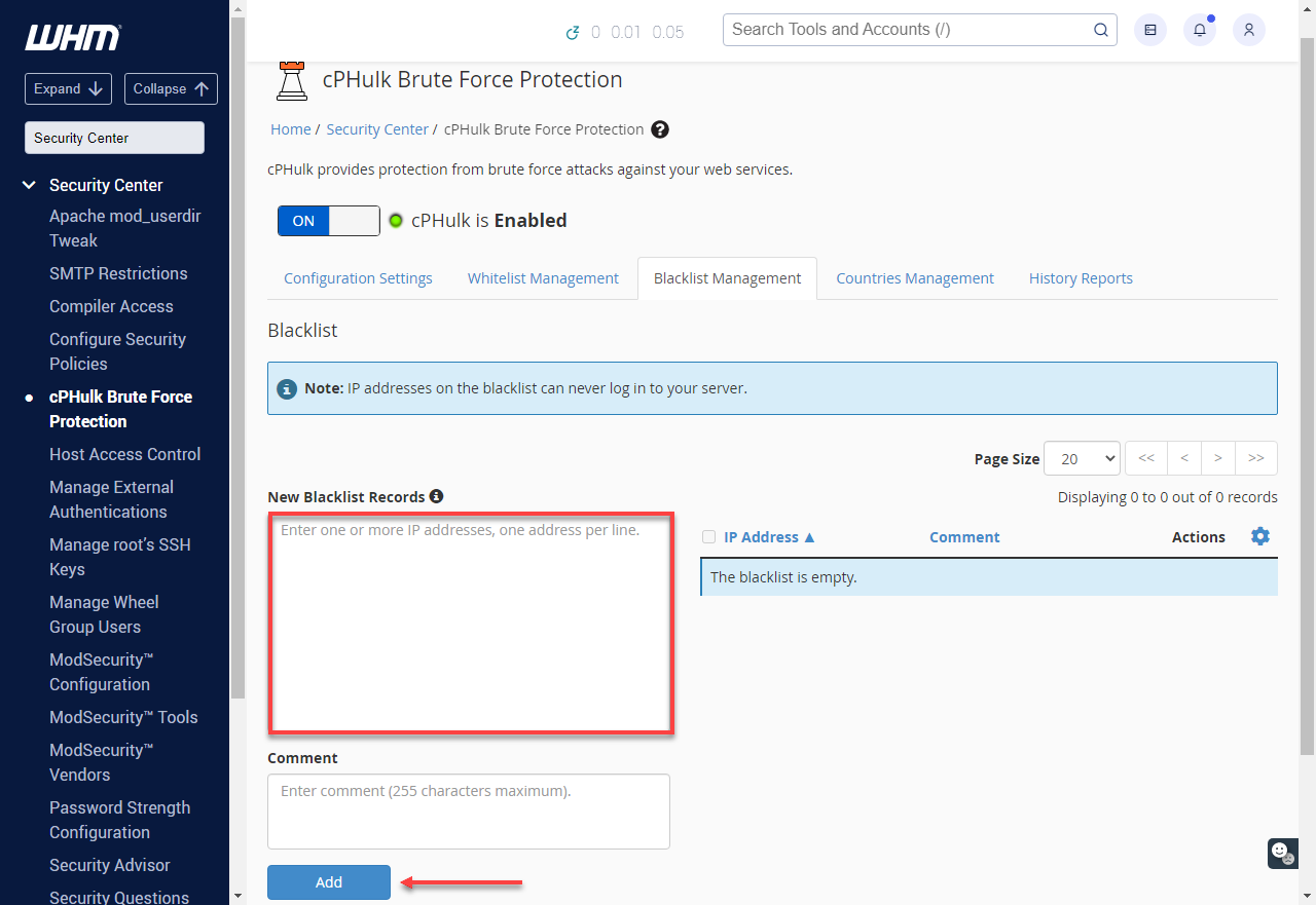 WHM Black Management Blacklist IP